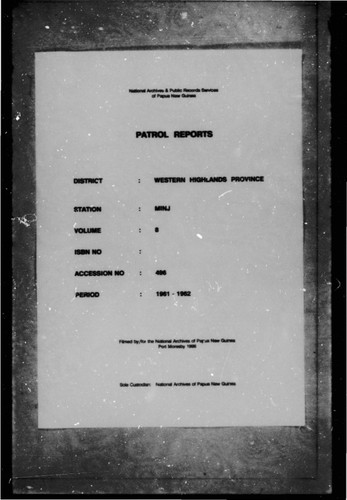 Patrol Reports. Western Highlands District, Minj, 1961 - 1962