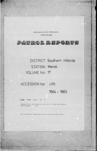 Patrol Reports. Southern Highlands District, Mendi, 1964 - 1965