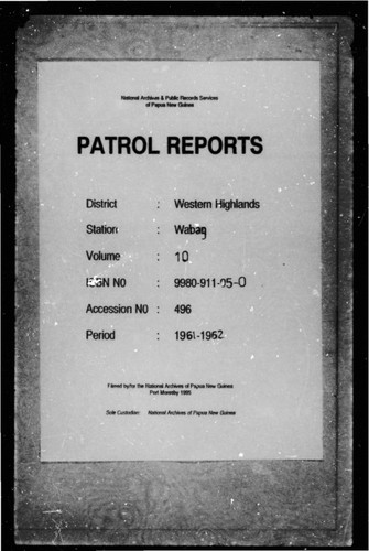 Patrol Reports. Western Highlands District, Wabag, 1961 - 1962