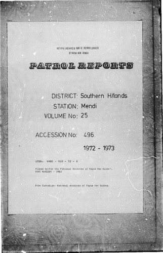 Patrol Reports. Southern Highlands District, Mendi, 1972 - 1973