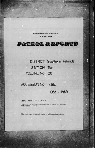 Patrol Reports. Southern Highlands District, Tari, 1968 - 1969