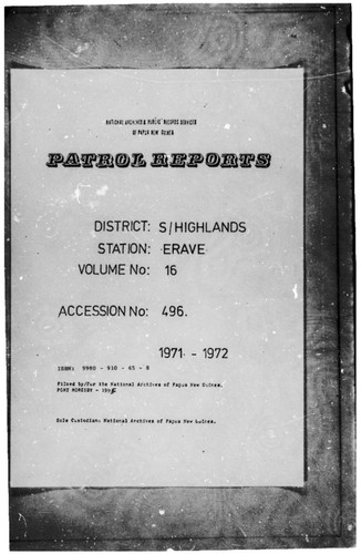 Patrol Reports. Southern Highlands District, Erave, 1971 - 1972