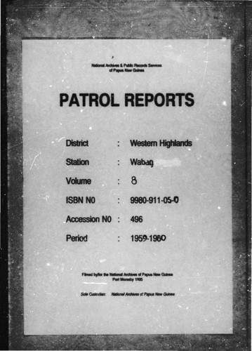 Patrol Reports. Western Highlands District, Wabag, 1959 - 1960