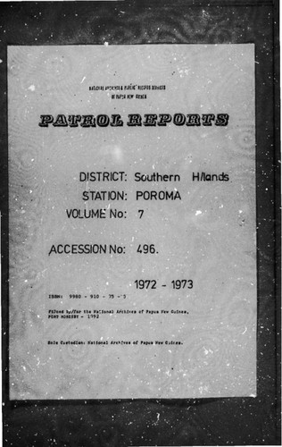 Patrol Reports. Southern Highlands District, Poroma, 1972 - 1973