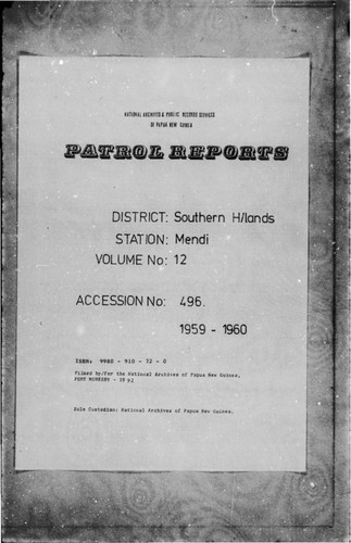 Patrol Reports. Southern Highlands District, Mendi, 1959 - 1960