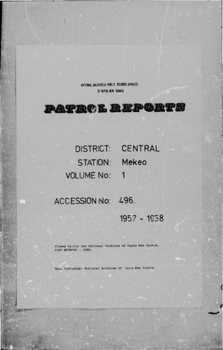 Patrol Reports. Central District, Mekeo, 1957-1958