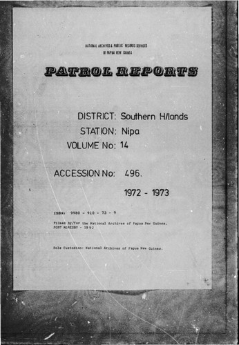 Patrol Reports. Southern Highlands District, Nipa, 1972 - 1973