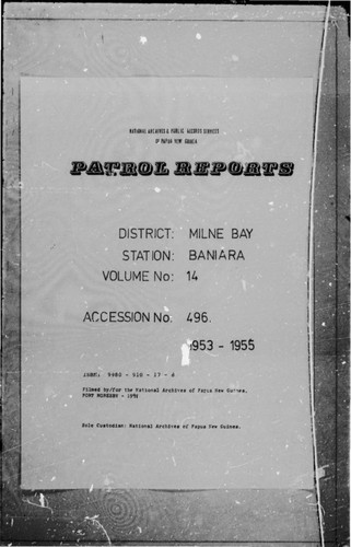 Patrol Reports. Milne Bay District, Baniara, 1953 - 1955