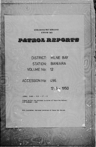 Patrol Reports. Milne Bay District, Baniara, 1945 - 1950