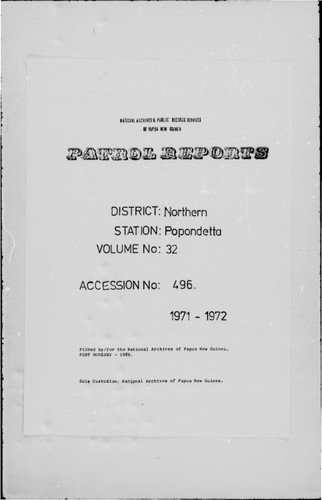 Patrol Reports. Northern District, Popondetta, 1971 - 1972