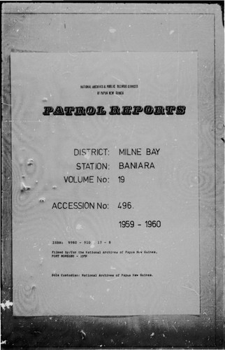 Patrol Reports. Milne Bay District, Baniara, 1959 - 1960