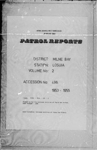 Patrol Reports. Milne Bay District, Losuia, 1953 - 1955