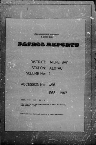 Patrol Reports. Milne Bay District, Alotau, 1966 - 1967