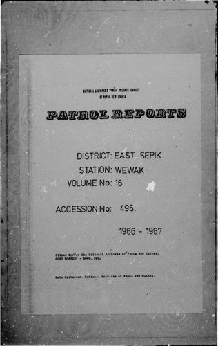 Patrol Reports. East Sepik District, Wewak, 1966 - 1967