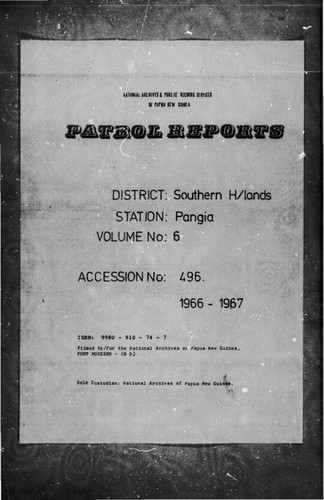 Patrol Reports. Southern Highlands District, Pangia, 1966 - 1967