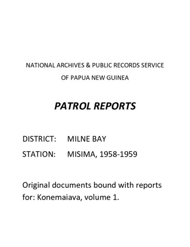 Patrol Reports. Milne Bay District, Misima, 1958 - 1959