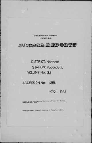 Patrol Reports. Northern District, Popondetta, 1972 - 1973