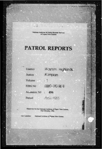 Patrol Reports. Western Highlands District, Kompiam, 1954 - 1955