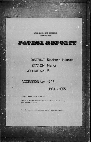 Patrol Reports. Southern Highlands District, Mendi, 1954 - 1955