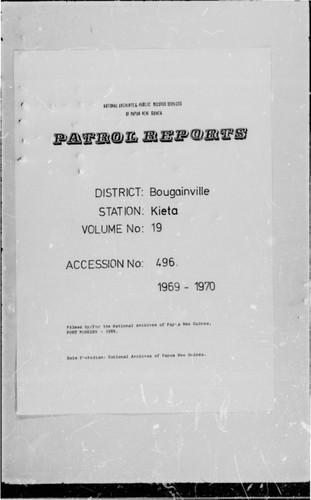 Patrol Reports. Bougainville District, Kieta, 1969 - 1970