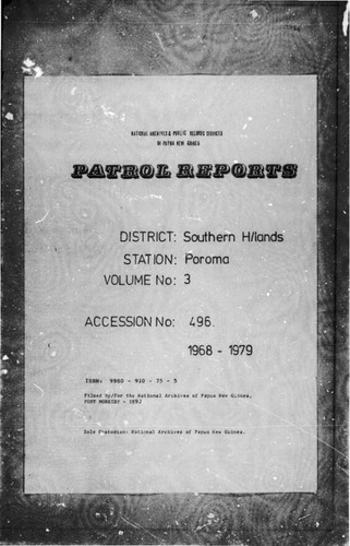 Patrol Reports. Southern Highlands District, Poroma, 1968 - 1969