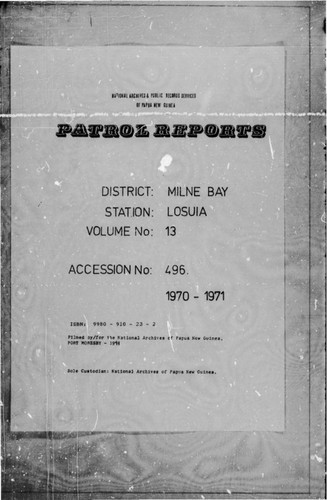 Patrol Reports. Milne Bay District, Losuia, 1970 - 1971