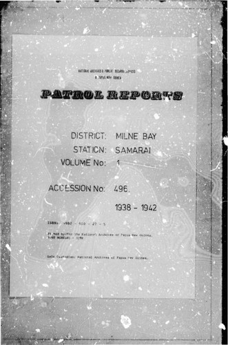 Patrol Reports. Milne Bay District, Samarai, 1938 - 1942