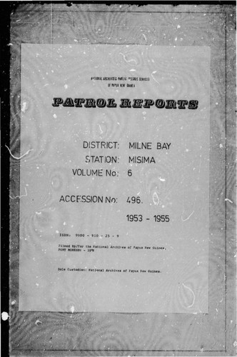 Patrol Reports. Milne Bay District, Misima, 1953 - 1955