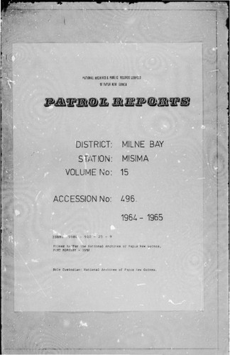 Patrol Reports. Milne Bay District, Misima, 1964 - 1965