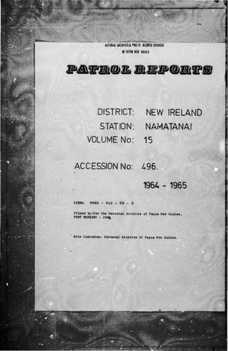 Patrol Reports. New Ireland District, Namatanai, 1964 - 1965
