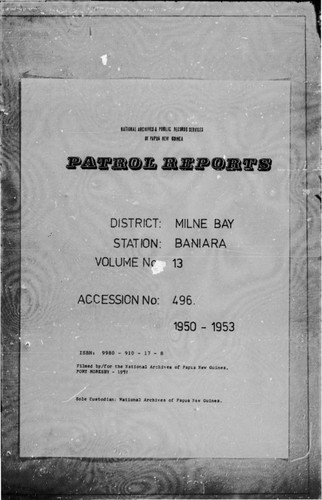 Patrol Reports. Milne Bay District, Baniara, 1950 - 1953