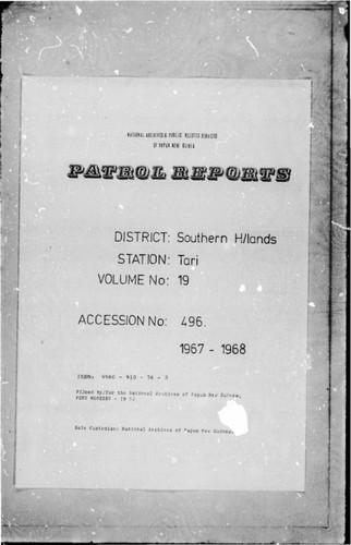 Patrol Reports. Southern Highlands District, Tari, 1967 - 1968