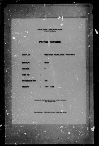 Patrol Reports. Western Highlands District, Minj, 1965 - 1966