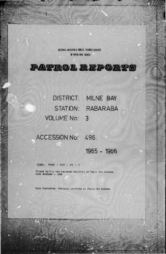 Patrol Reports. Milne Bay District, Rabaraba, 1965 - 1966