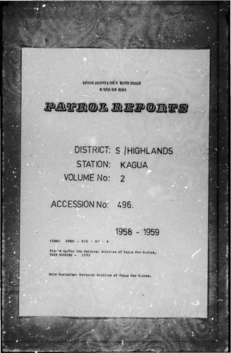 Patrol Reports. Southern Highlands District, Kagua, 1958 - 1959