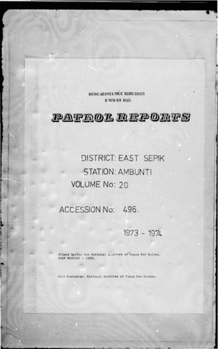 Patrol Reports. East Sepik District, Ambunti, 1973 - 1974