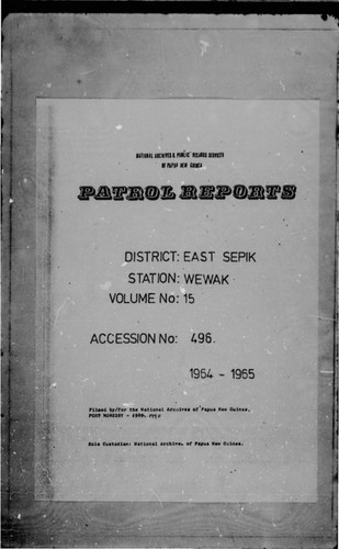 Patrol Reports. East Sepik District, Wewak, 1964 - 1965
