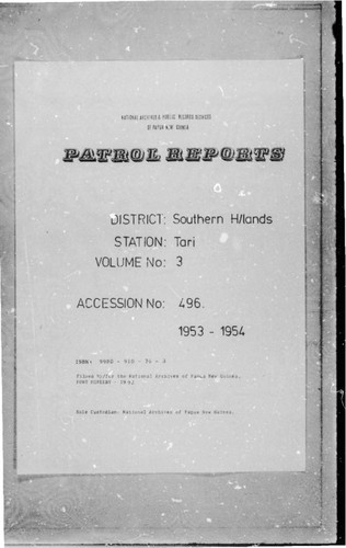 Patrol Reports. Southern Highlands District, Tari, 1953 - 1954