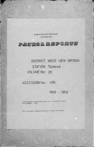 Patrol Reports. West New Britain District, Talasea, 1968 - 1969