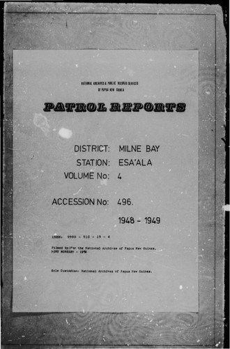 Patrol Reports. Milne Bay District, Esa'ala, 1948 - 1949