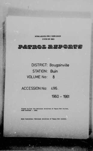 Patrol Reports. Bougainville District, Buin, 1960 - 1961