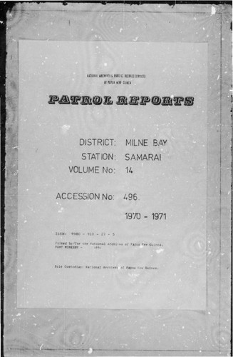 Patrol Reports. Milne Bay District, Samarai, 1970 - 1971