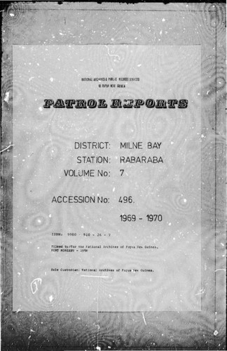 Patrol Reports. Milne Bay District, Rabaraba, 1969 - 1970