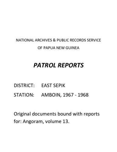 Patrol Reports. East Sepik District, Amboin, 1967 - 1968