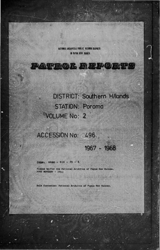 Patrol Reports. Southern Highlands District, Poroma, 1967 - 1968