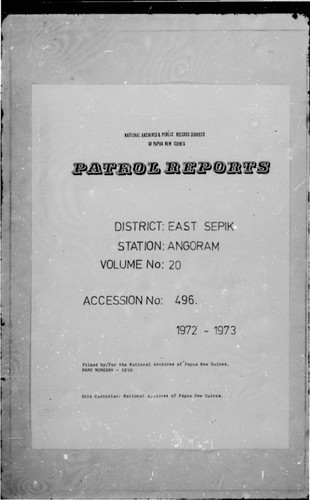 Patrol Reports. East Sepik District, Angoram, 1972 - 1973
