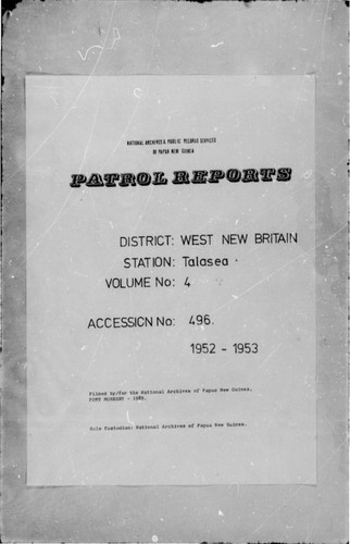 Patrol Reports. West New Britain District, Talasea, 1952 - 1953