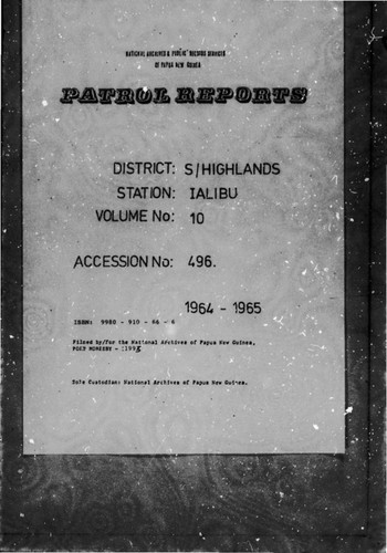 Patrol Reports. Southern Highlands District, Ialibu, 1964 - 1965