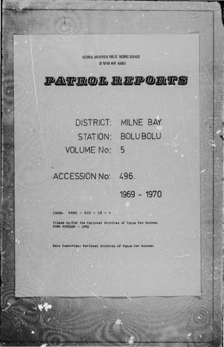 Patrol Reports. Milne Bay District, Bolubolu, 1969 - 1970