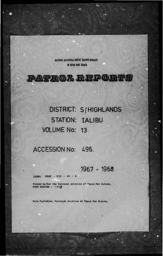 Patrol Reports. Southern Highlands District, Ialibu, 1967 - 1968